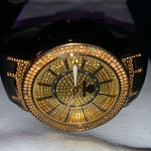 Lady Super Techno Quartz Watch 38mm case .08ct Diamond Gold w/ black band.
